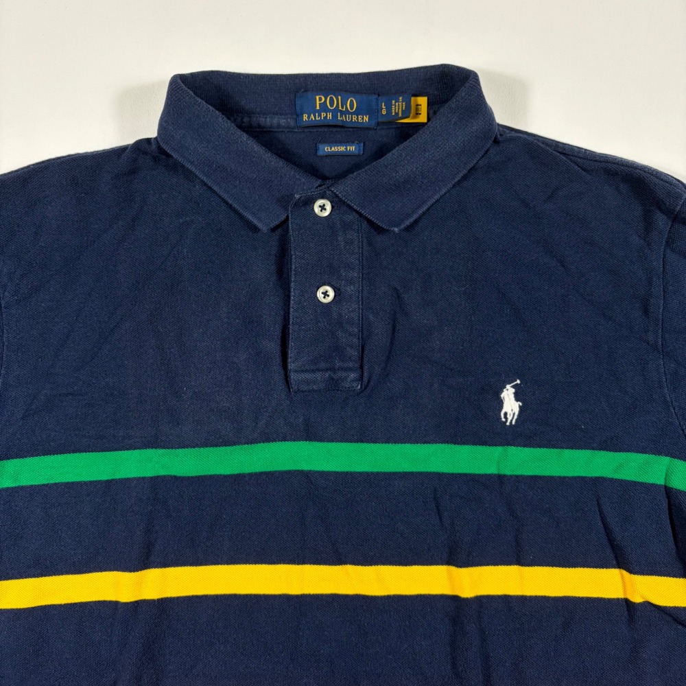 Polo Ralph Lauren Polo Shirt Mens Large Classic Fit Stripedโ Navy Blue